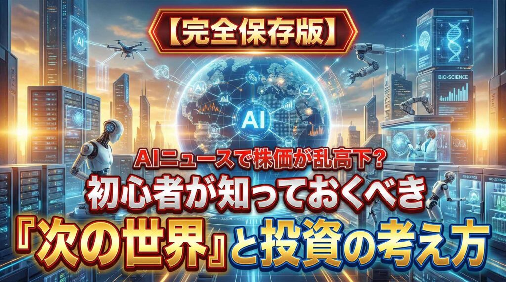 【完全保存版】AIニュースで株価が乱高下？初心者が知っておくべき「次の世界」と投資の考え方。近未来的な都市とAIネットワーク、ロボットアーム、データセンターを背景に、AI投資の未来を解説するアイキャッチ画像
